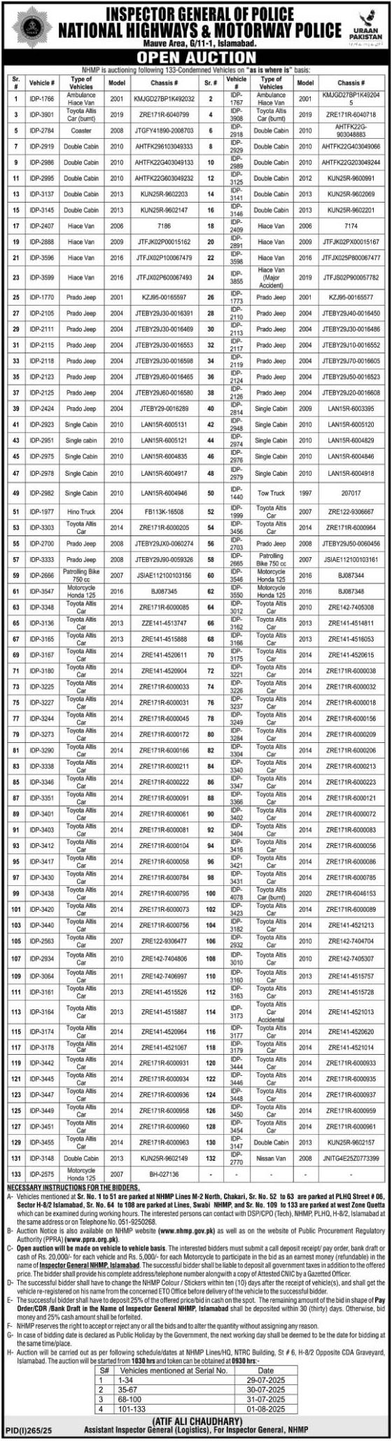 National Highways & Motorway Police Islamabad Tender Notice
